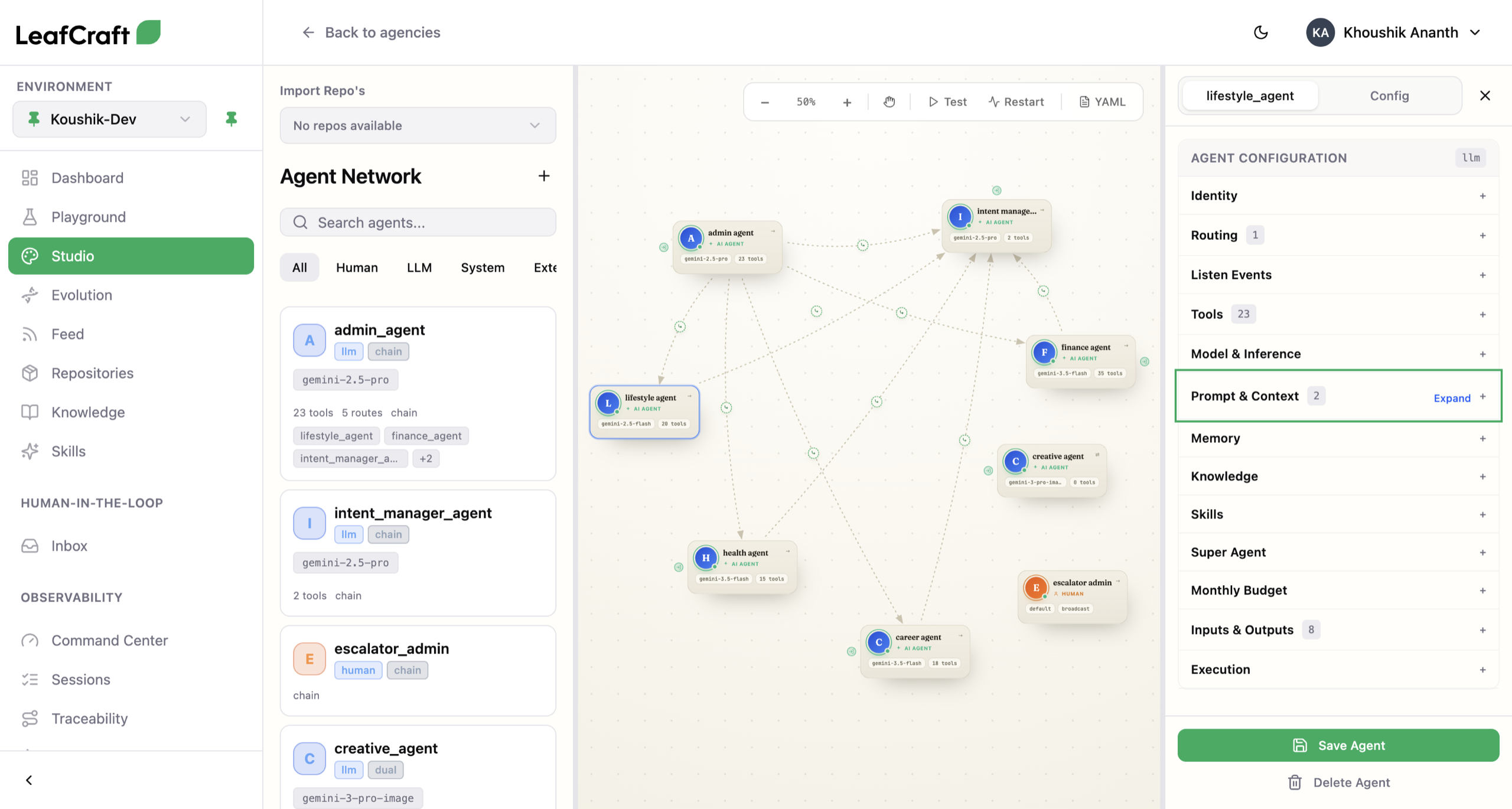 LeafMesh Studio building an AI-Org declaratively — a visual agent mesh on the canvas, with an Agent Configuration panel (identity, routing, listen events, tools, model & inference, prompt & context, memory, knowledge, skills, super agent, monthly budget, inputs & outputs, execution) configured entirely without code.